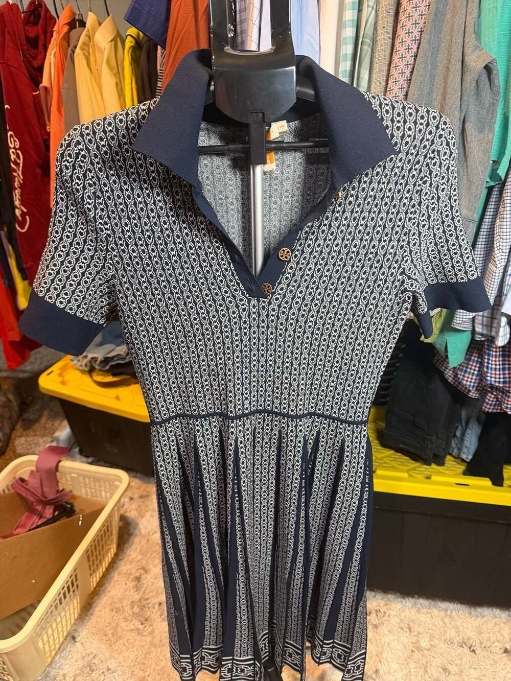 Tory Burch Gemini Link Polo Dress Size M Blue White Knit Pleated Midi